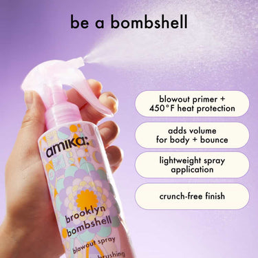 AMIKA Amika Brooklyn Bombshell Blowout + Blow Dry Spray, blowout primer and 450° F heat protection, adds volume for body and bounce, lightweight spray, crunch free finish