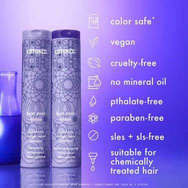AMIKA Bust Your Brass Cool Blonde Strength Repair Shampoo and conditioner for vegan with no nasties