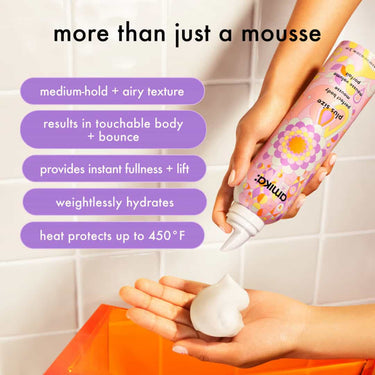 AMIKA Plus Size Perfect Body Hair Mousse, medium hold, airy texture, touchable body and bounce, instant fullness, lift, weightlessly hydrates, heat protect up to 450