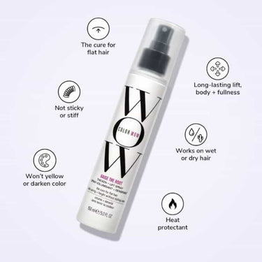 COLOR WOW Raise The Root Thicken and Lift Spray benefits, the cure for flat hair, not sticky or stiff, won't yellow, long lasting, works on wet or dry hair, heat protectant