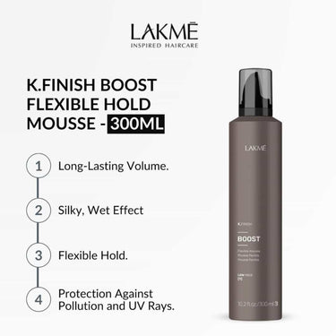 LAKME K.Finish Boost Flexible Hold Mousse, volume, silky, wet effect, flexible hold, protection against pollution and UV rays