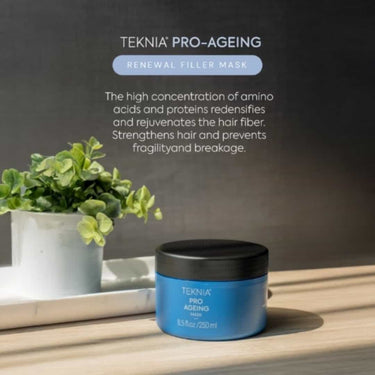 LAKME TEKNIA Pro Ageing Mask 250ml The high concentration of amino acids and proteins redensifies and rejuvenates the hair fiber. Strengthens hair and prevents fragilityand breakage