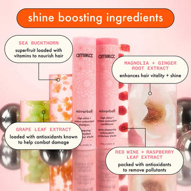 AMIKA Mirrorball High Shine + Protect Antioxidant Shampoo and conditioner shine boosing ingredients