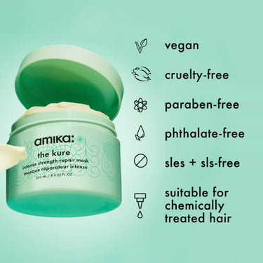 AMIKA The Kure Intense Strength Repair Mask, vegan, cruelty free, paraben free, phthalate free, sles + sls free, suitable for chemically treated hair