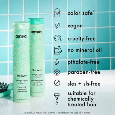 AMIKA The Kure Strength Repair Shampoo and conditioner, vegan, colour safe, cruelty free, no mineral oil, pthalate free, paraben free, sles and sls free, suitable for chemically treated hair