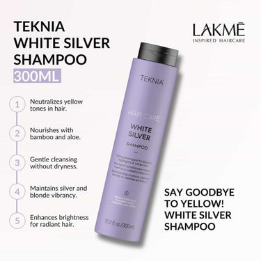 Benefits of LAKME TEKNIA White Silver Shampoo, Neutralises yellow tones in hair, Nourishes, gentle cleanse without dryness, silver and blonde vibrancy, brightness for radiant hair