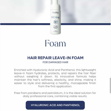 Brazilian Hairtech hair repair leave in foam for damaged hair with hyaluronic acid and panthenol, lightweight, hydrates, protects and repairs the hair fiber