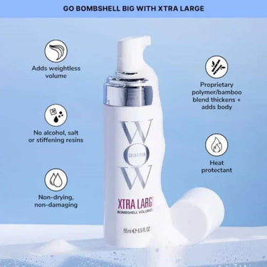 COLOR WOW Xtra Large Bombshell Volumizer adds weightless volume, no alcohol, no salt, no stiffening resins, heat protectant, non drying, non damaging, fragrance free, no crunch