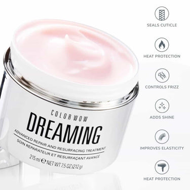 Color wow dreaming seals cuticle, heat protection, controls frizz, adds shine, improves elasticity