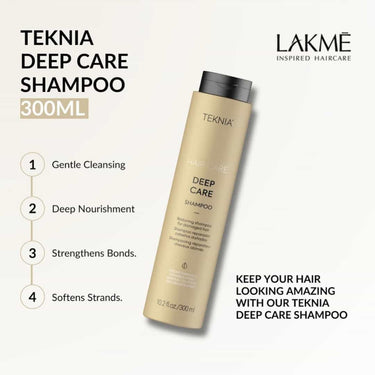 Deep care shampoo by Lakme Tekina. Restoring shampoo. Gently cleans and deeply nourishes. Strengthens damaged internal hair bonds. Leaves hair ultra soft and returns it to its natural level of hydration.