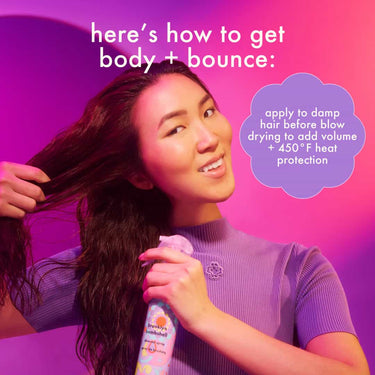 How to use AMIKA Amika Brooklyn Bombshell Blowout + Blow Dry Spray, apply to damp hair before blow drying to add volume and 450° F heat protection