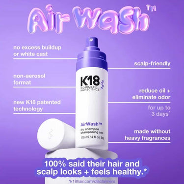 K18 Airwash Dry Shampoo, no excess buildup or white cast, non aerosol format, new k18 technology, scalp friendly dry shampoo, reduce oil and eliminate odor for 3 days, made without heavy fragrances