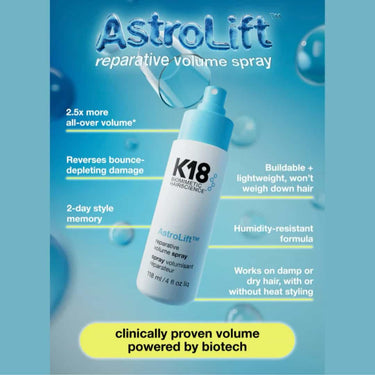 K18 Astrolift Reparative Volume Spray, more volume, reverses bounce damage, 2 day, buildable, lightweight, humidity resistant, works on damp or dry hair