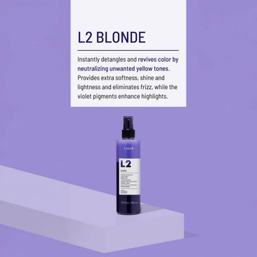L2 BLONDE Instantly detangles and revives color by neutralizing unwanted yellow tones. Provides extra softness, shine and lightness and eliminates frizz, while the violet pigments enhance highlights.