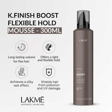 LAKME K.Finish Boost Flexible Hold Mousse A versatile mousse designed for brushing, specifically crafted for the unique needs of fine hair