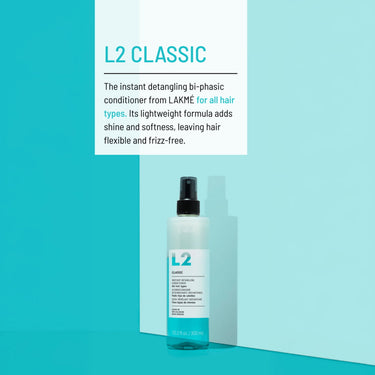 LAKME L2 CLASSIC The instant detangling bi-phasic conditioner from LAKMÉ for all hair types. Its lightweight formula adds shine and softness, leaving hair flexible and frizz-free.