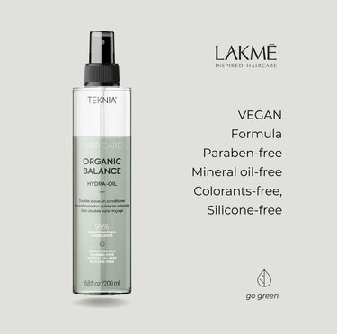 LAKME TEKNIA Organic Balance Hydra-Oil rinse-free conditioning spray that instantly softens and detangles hair while enhancing moisture, shine, and protection
