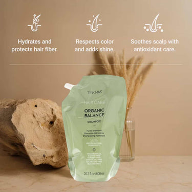 LAKME TEKNIA Organic Balance Shampoo REFILL 600ml hydrates and protects hair fiber, respects color and adds shine, soothes scalp with antioxidant care
