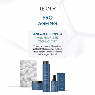 LAKME TEKNIA Pro Ageing range, Extract of amino acids and rice protein that redensifies the hair fiber, fills and thickens, bringing back energy to the hair.