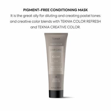 LAKME Teknia Refresh Clear Mask PIGMENT-FREE CONDITIONING MASK It is the great ally for diluting and creating pastel tones and creative color blends with TEKNIA COLOR REFRESH and TEKNIA CREATIVE COLOR.