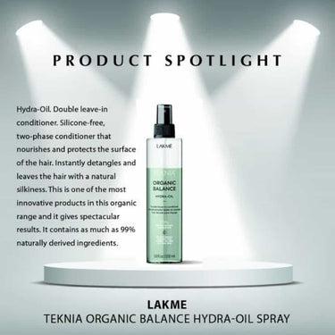 Lakme Teknia Organic balance Hydra-Oil. Double leave-in conditioner. Silicone-free, two-phase conditioner that nourishes and protects the surface of the hair. Instantly detangles and leaves the hair with a natural silkiness.