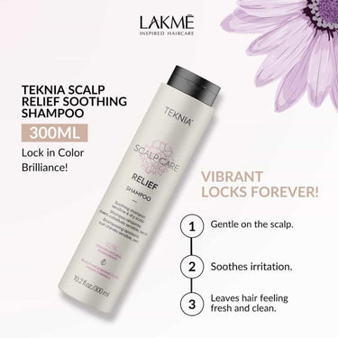Lakme Teknia Relief shampoo gentle on scalp, soothes irritation, leaves hair feeling fresh and clean