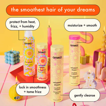 the smoothest hair of your dreams, protect from heat, frizz, + humidity, moisturise + smooth, lock in smoothness + tame frizz, gently cleanse