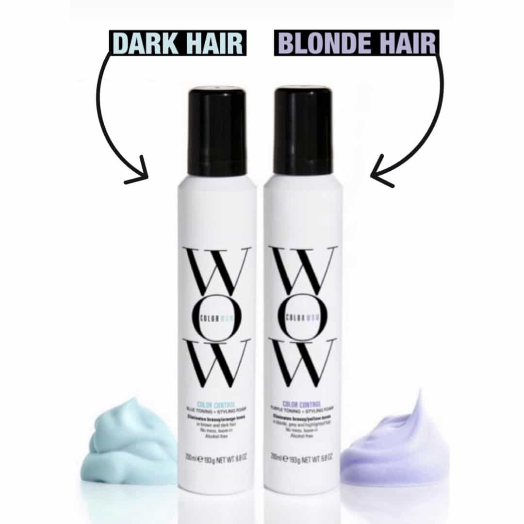 Color wow color control foam to tone blonde and dark hair. Purple for blonde and blue for brunttes